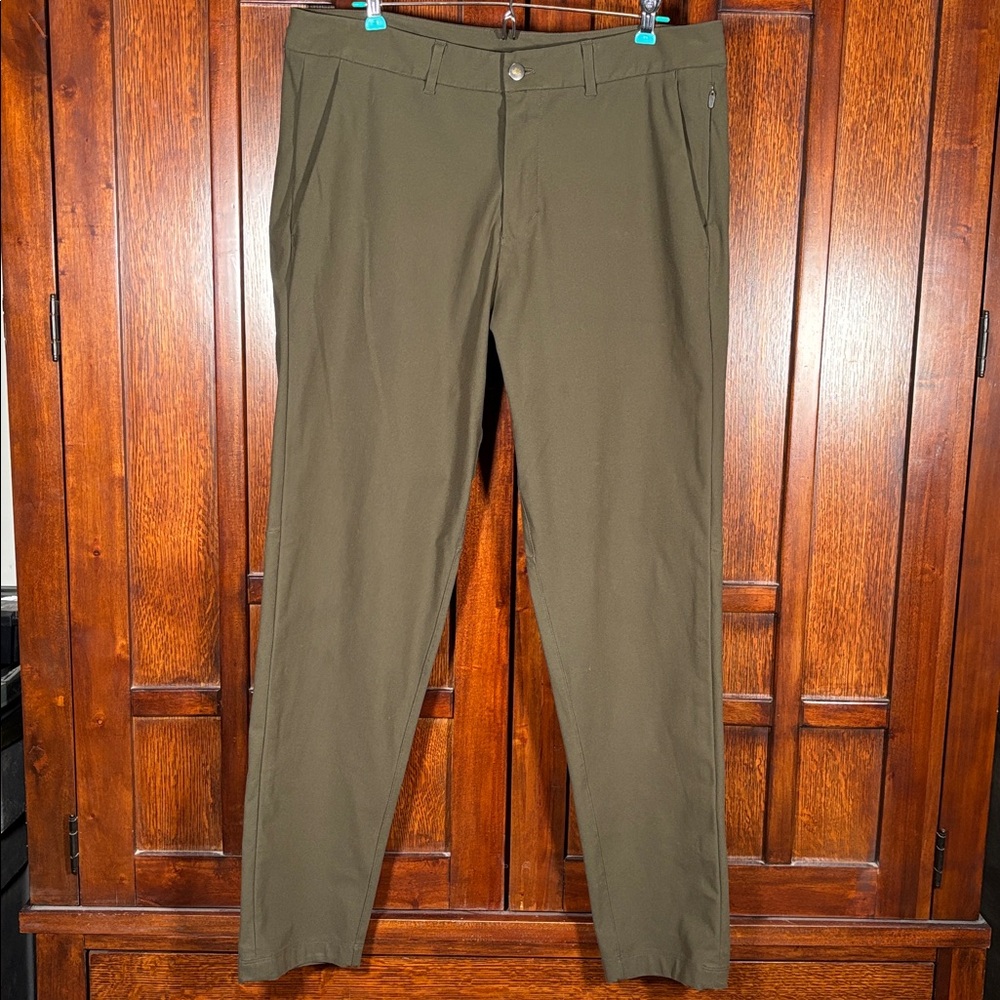 Lululemon Men's Commission Slim-Fit Warpstreme Army Green Pants Sz. 34